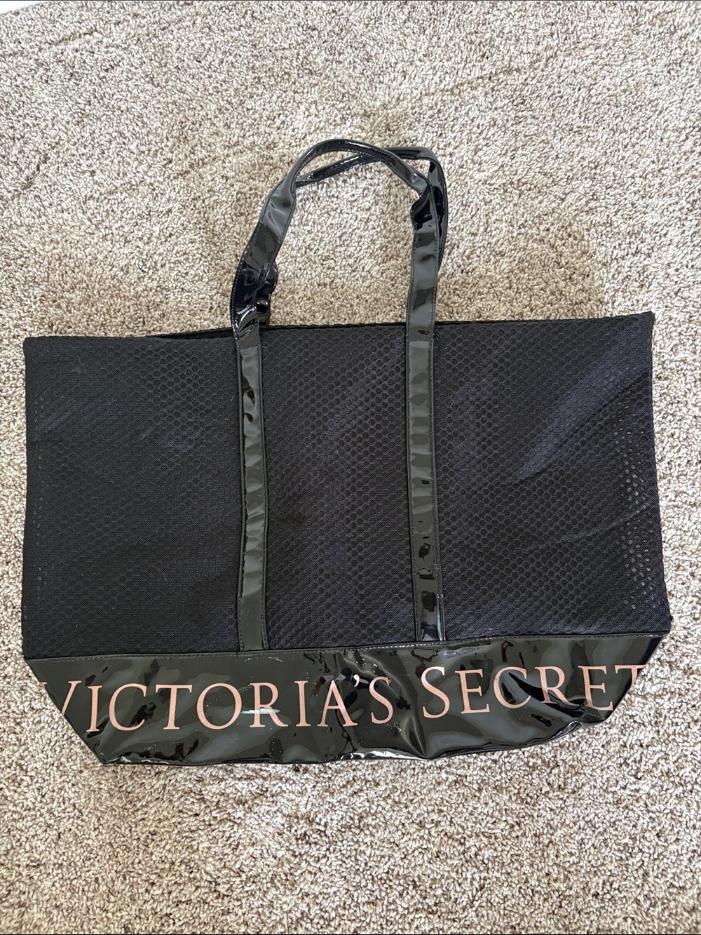 $8💕 Victoria’s Secret Black Tote Bag with Zipper Closure, Glossy Trim